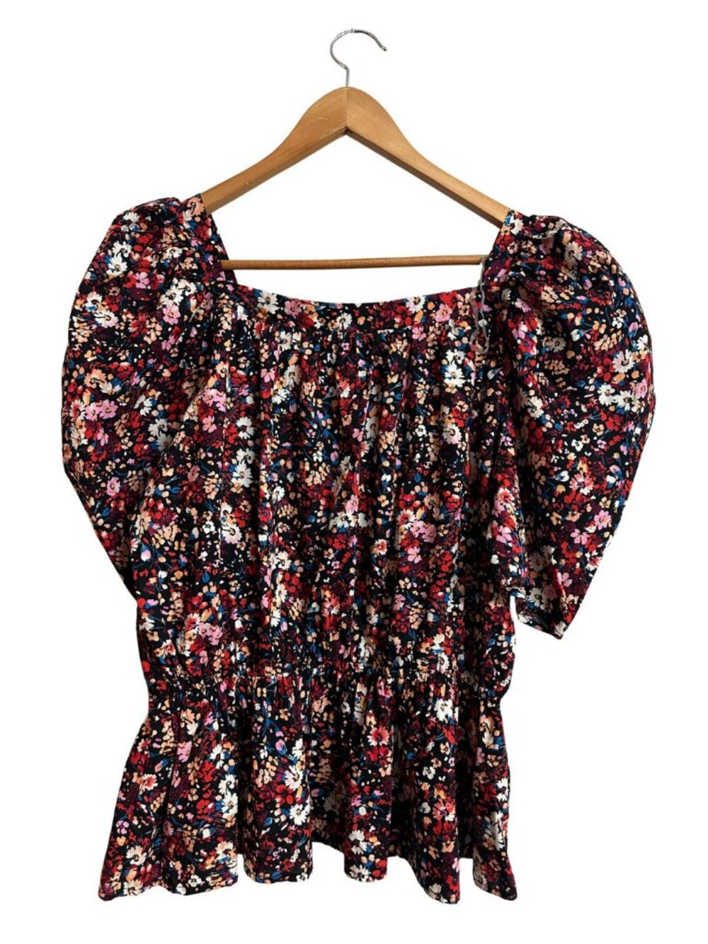 Indigo Rose Floral Puff Sleeve Peplum Blouse Cottagecore Boho Large